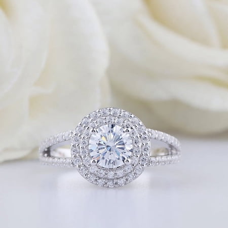 Silvago Jewel Brilliant 1.6 Ct Round Cut Diamond Ring - 14K White Gold Over Wedding Anniversary Ring - Double Halo Minimalist Engagement Rings - Stacking Heart Halo Engagement Wedding Ring for Wife