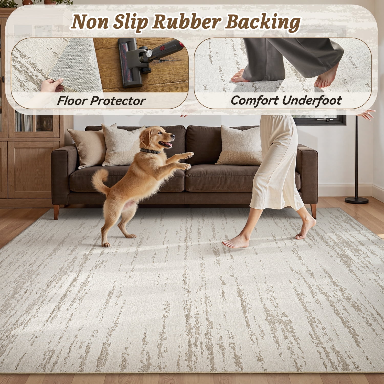 SIXHOME 8'x10' Area Rugs for Living Room Washable Rugs Chenille Jacquard Textured Modern Abstract Rugs for Bedroom Dining Room Office Indoor Non-Slip Soft Carpet Beige