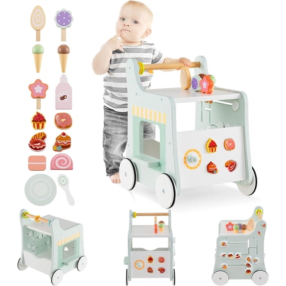 INFANS 6 in 1 Wooden Baby Walker, Play Kitchen Playset, Toddler Push Learning Activity with Wheels Shape Sorter Movable Slider, Montessori Educational Toy for Girls Boys 1-3 Years