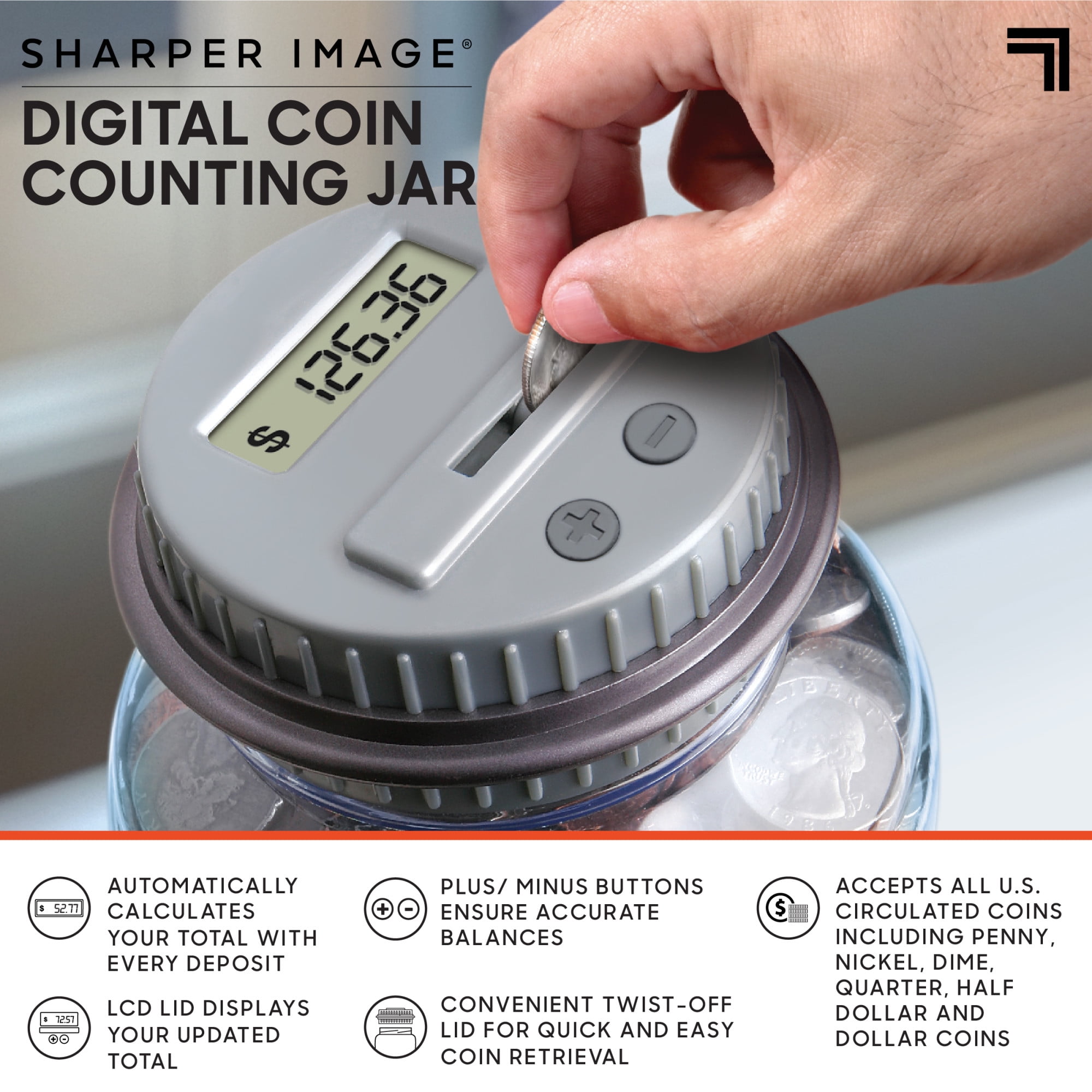 (2 pack) Sharper Image® Digital Coin Jar with LCD Screen, Keeps Track Of Balance, Twist Off Lid, US Currency, Battery Operated, 1-piece, Grey