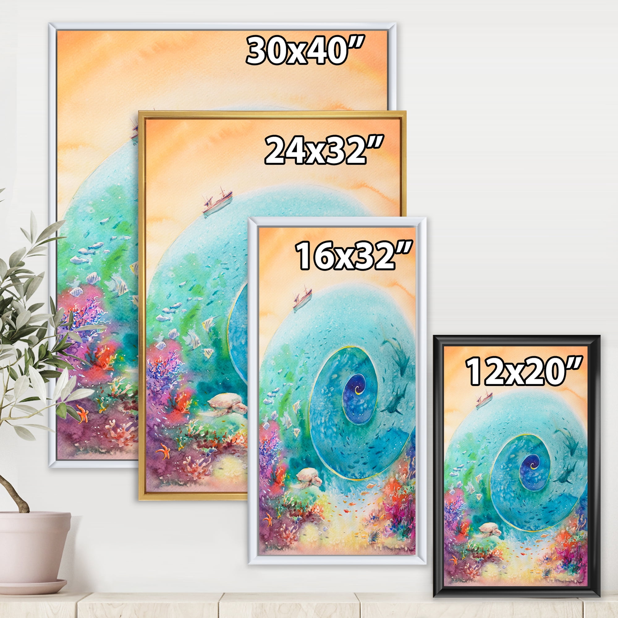 Designart 'Coral Reef Fishes With Turquoise Ocean Spiral' Nautical & Coastal Framed Canvas Wall Art Print