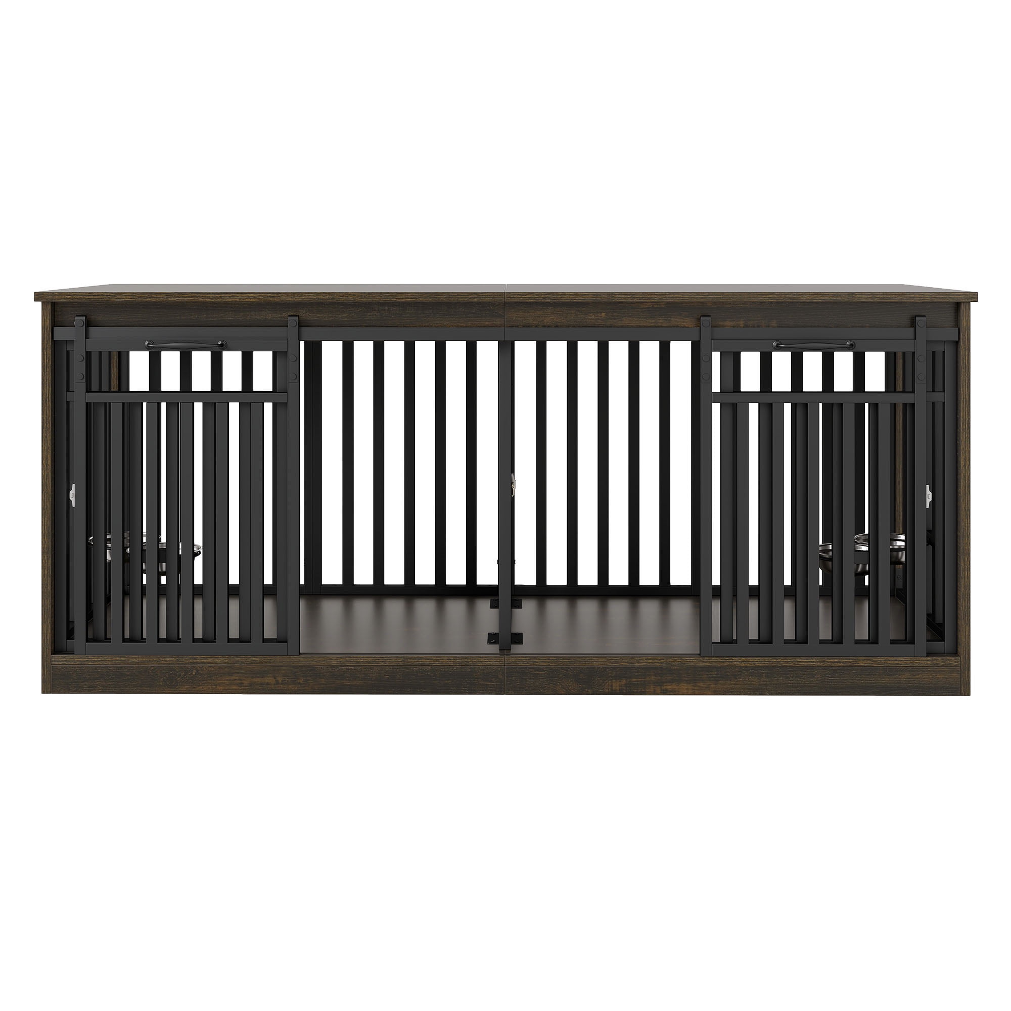 Craftian 71In Farmhouse Dog Crate TV Stand, Wooden Dog Kennel Furniture with 4 Dog Bowls, Large Dog Crate Furniture for 2 Dogs - Black Oak