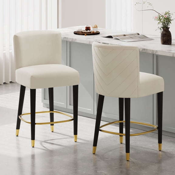 GDF Studio Modern Tufted Counter Height Bar Stools with Gold Footrests and Black Solid Wood Legs, Set of 2, Beige