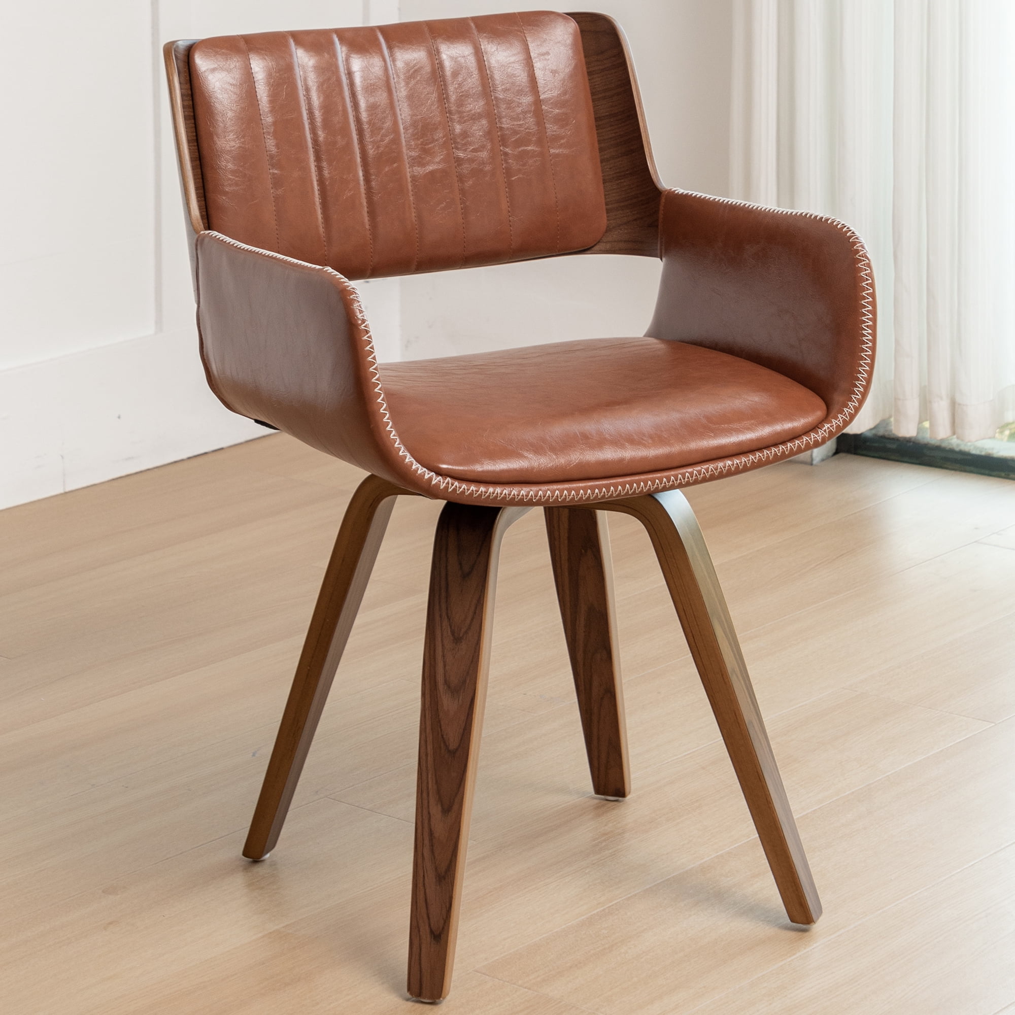 FOWEOAIU Modern Dining Chairs,Leather Upholstered Walnut Wood With rotation Kitchen Dining Chairs , Brown (Set of 2)