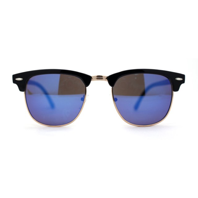 Mens Hipster Classic Half Horn Rim Iconic Sunglasses Black Gold Blue Mirror
