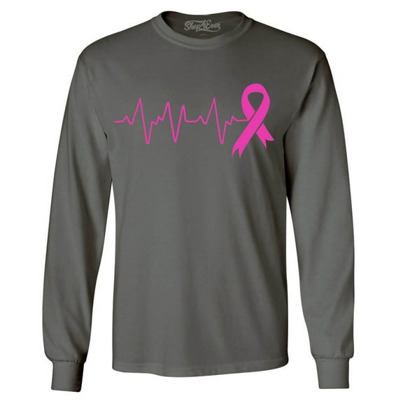 Shop4Ever Men's Heartbeat Pink Ribbon Breast Cancer Awareness Long Sleeve Shirt Medium Charcoal