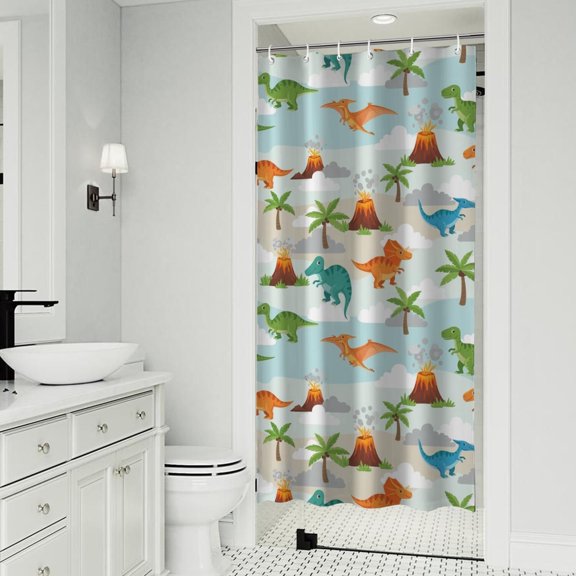 LightBlue Cartoon Dinosaurs Volcanoes Palms Patter Shower Curtain 36"x72" ,Bathroom Decorative Shower Curtains Set with 12 Hooks,Modern Waterproof Washable Shower Curtain