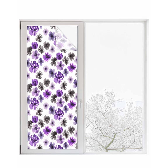 Window Privacy Film Purple Black Stained Glass Window Film Decorative Sun Block Window Cover Retro Flower Floral Wildflower Watercolor Window Clings Static Adhesive Sticker for Bathroom 29.5"x78.7"