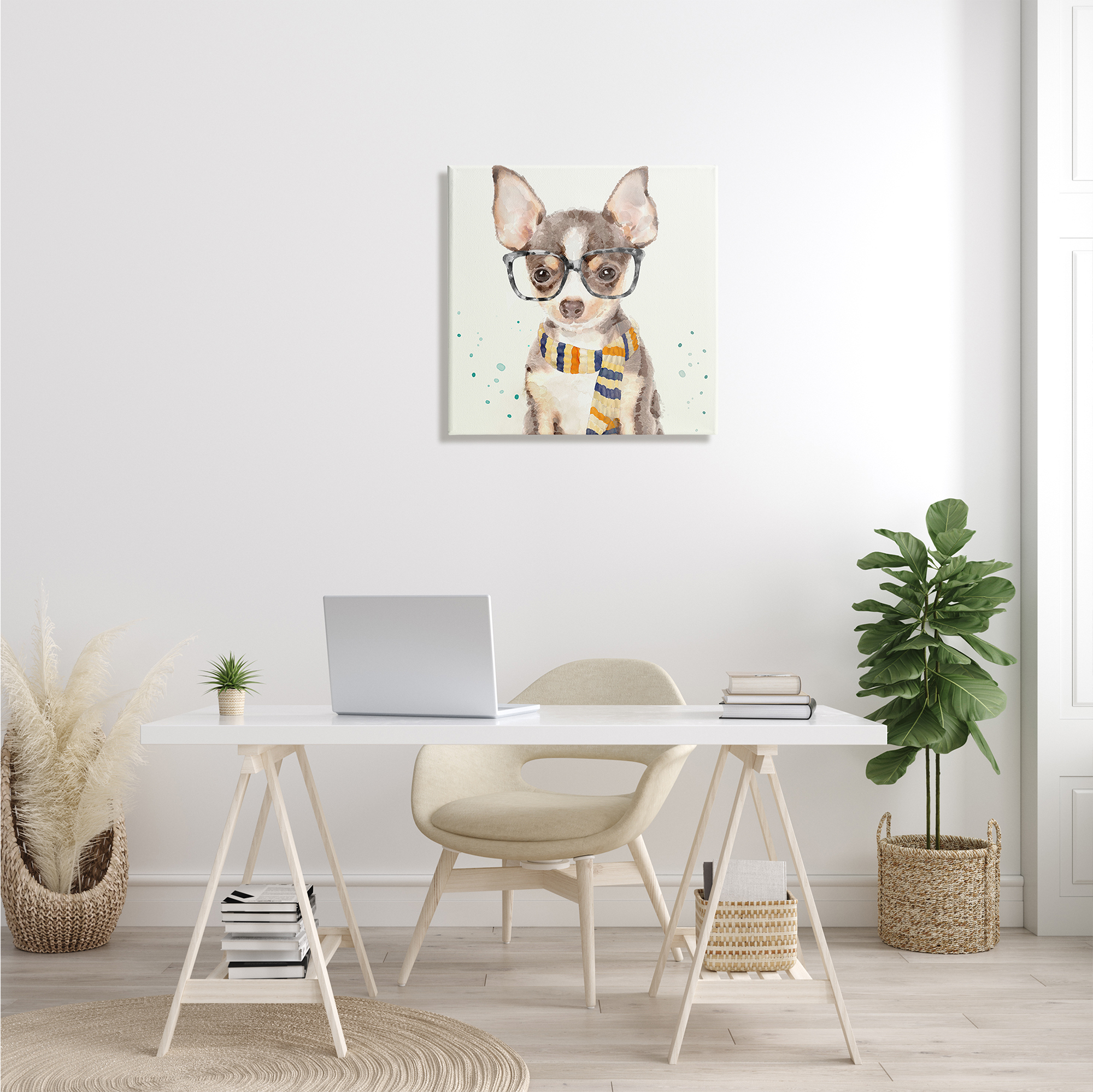 The Stupell Home Decor Collection Hipster Chihuahua Puppy With Glasses And Scarf Watercolor Oversized Stretched Canvas Wall Art, 24 x 1.5 x 24