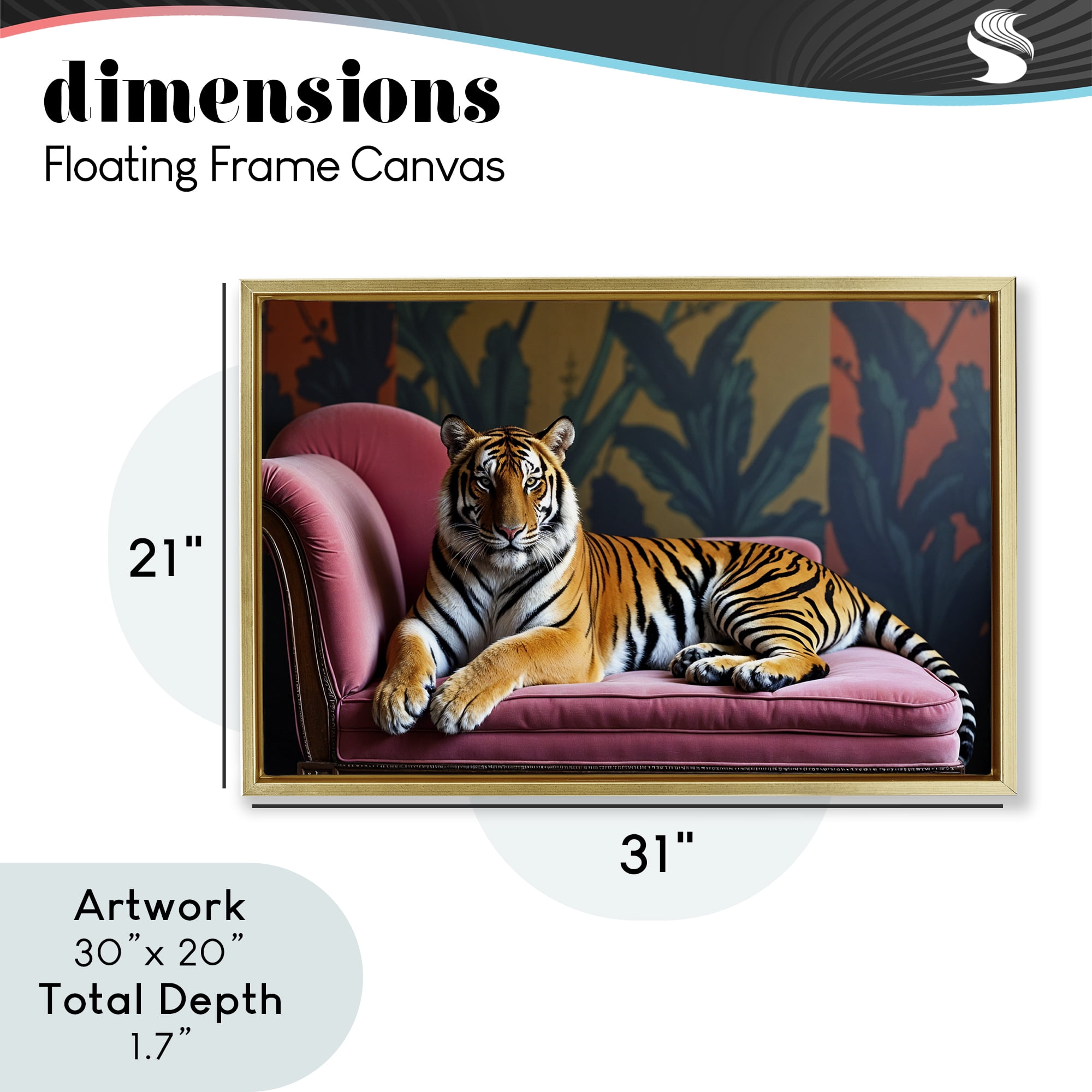 Exotic Tiger Lounging Gold Framed Floater Canvas Wall Art, design by Lettered and Lined