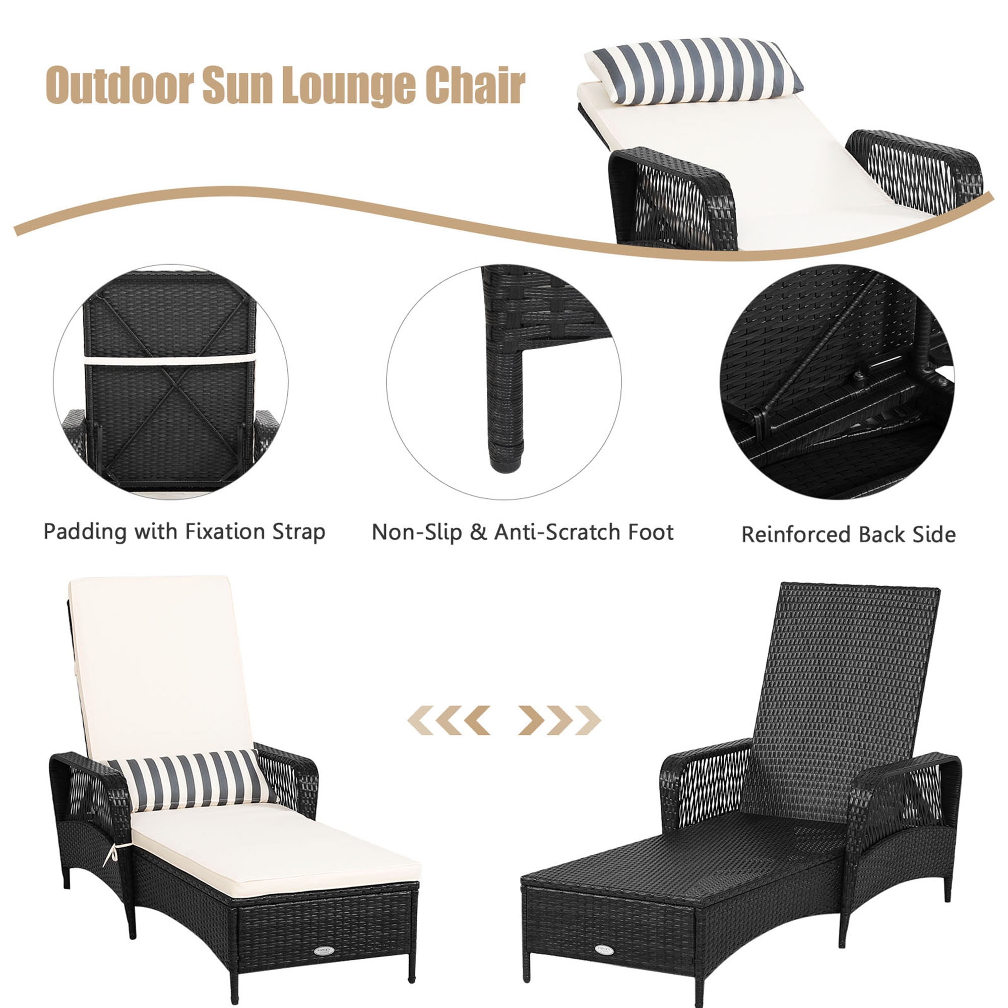 Gymax with Cushion PE Wicker Outdoor Chaise Lounge - Off-White and Black