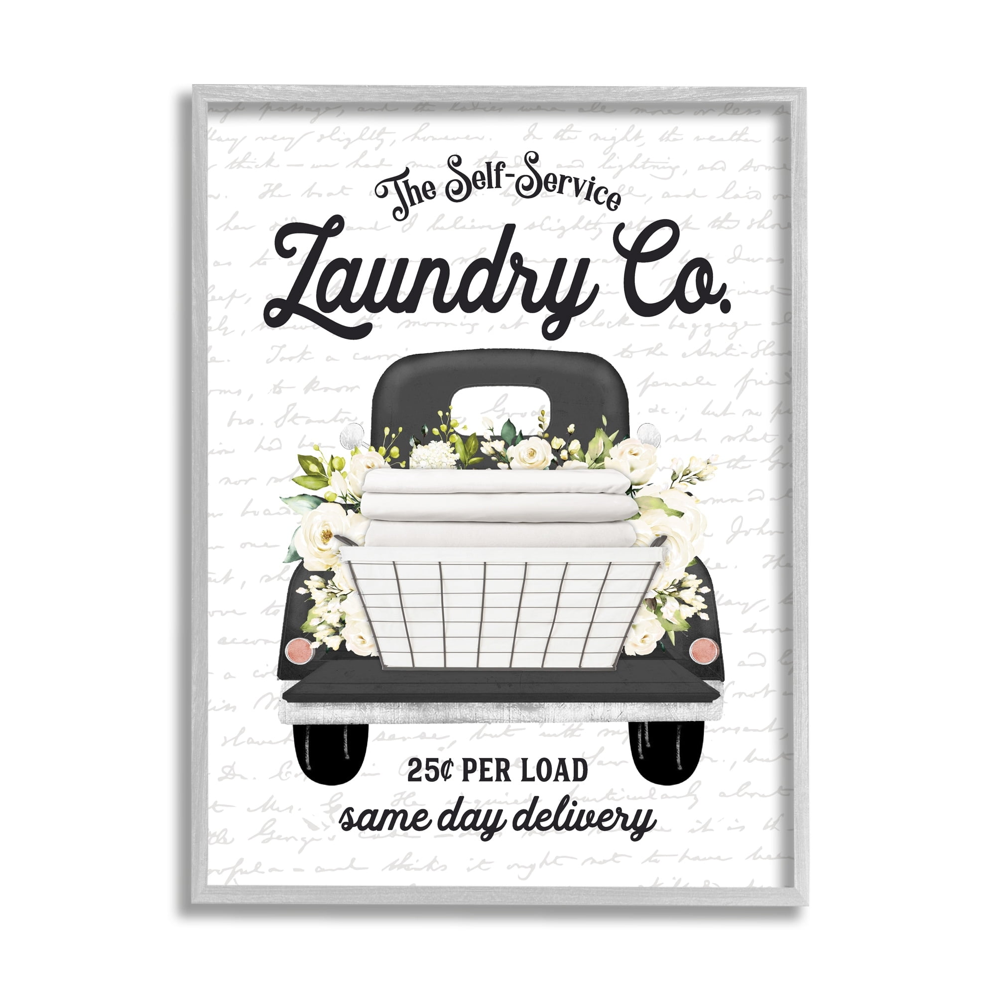 Stupell Industries Laundry Co. White Flower Bouquet Truck Service Graphic Art Gray Framed Art Print Wall Art, Design by Lettered and Lined