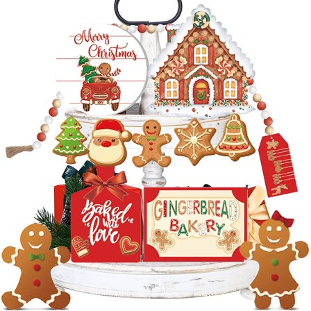LONGRV 12 Pieces Christmas Gingerbread Man Tiered Tray Decor Wooden Gingerbread Man Theme Wood Sign Christmas Table Decor Farmhouse Rustic Tiered Tray Decor for Home Room Table Fireplace