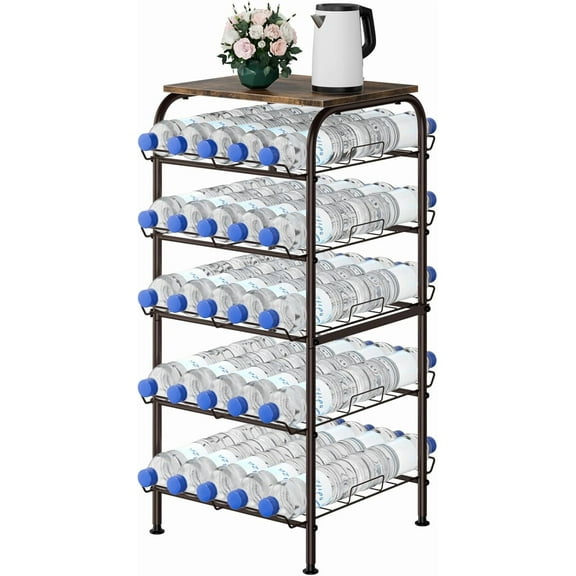 Water Bottle Organizer 5 Tier Free Standing Water Bottle Holder Rack Large Capacity Bottled Water Storage Rack Metal Soda Can Beverage Drink Stand Shelf for Kitchen Pantry Office, Brown