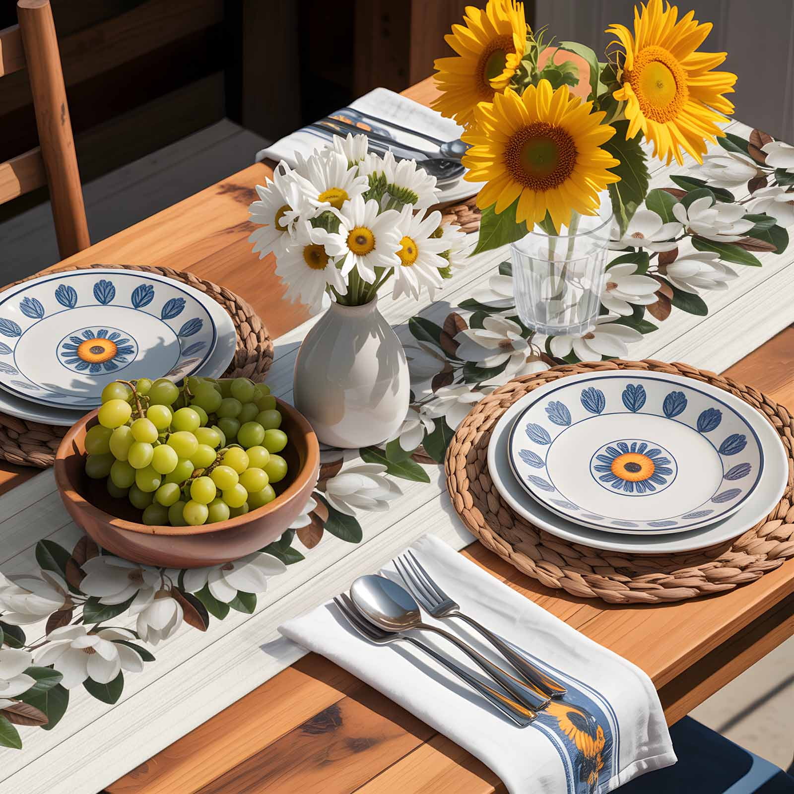 Magnolia Plant Flower Table Runner 90 Inches Long, Farm Vintage Wood Grain Table Runners Tabletop Scarf Kitchen Dining Tables Decoration for Home Party Indoor Outdoor