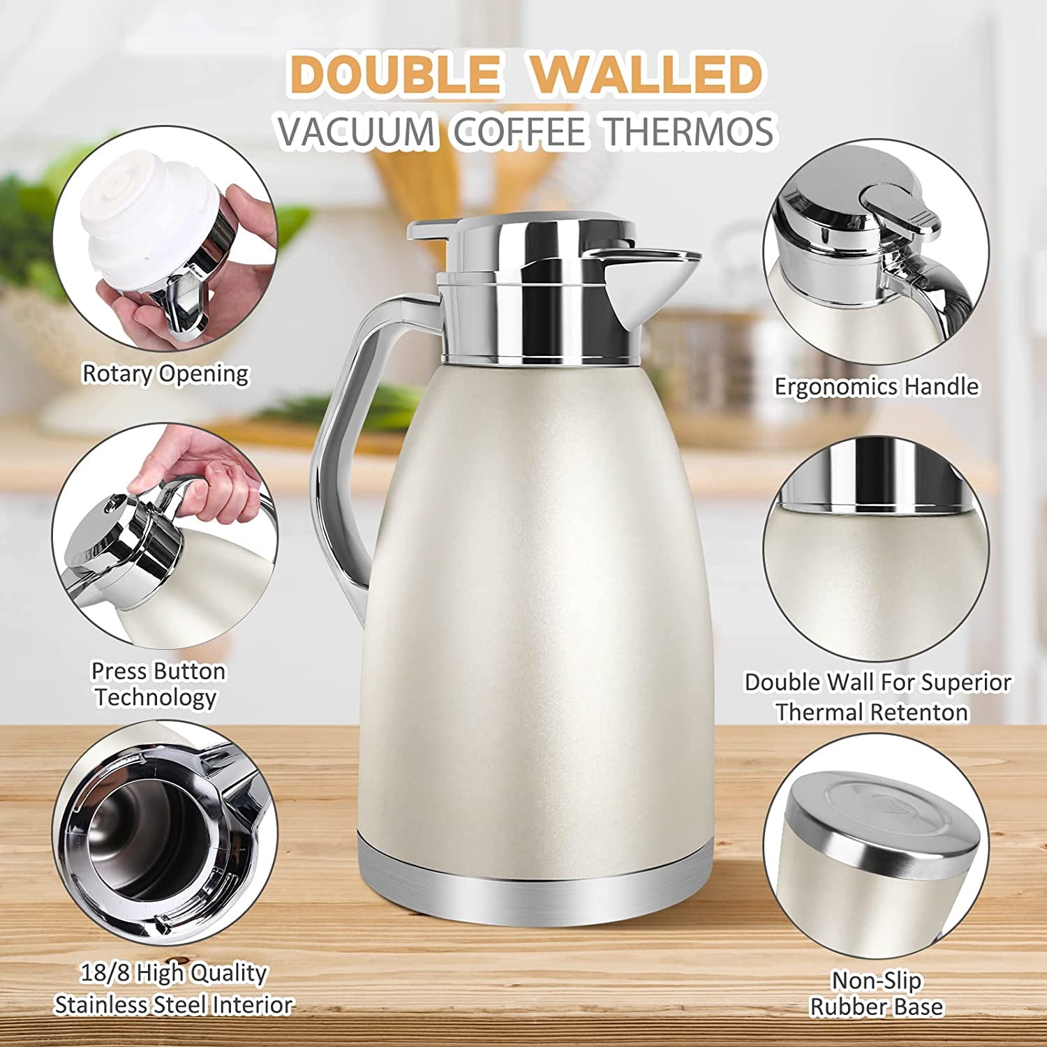 SSAWcasa 61oz Thermal Coffee Carafe Stainless Steel Double Wall Vacuum Thermos Thermal Flask Coffee Dispenser Insulated Coffee Carafes Keeping Coffee Water and Tea 12 Hours Hot 24 Hours Cold Gold Walm...