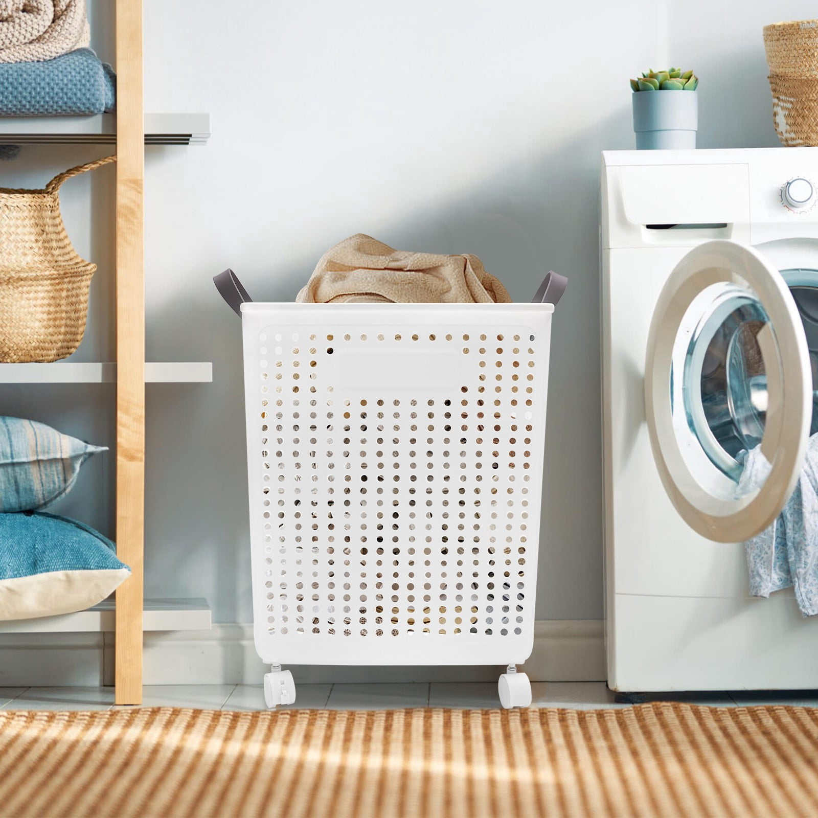 Clothes Basket, Folding Laundry Hamper, Dirty Clothes Hamper w/ 4 Wheels