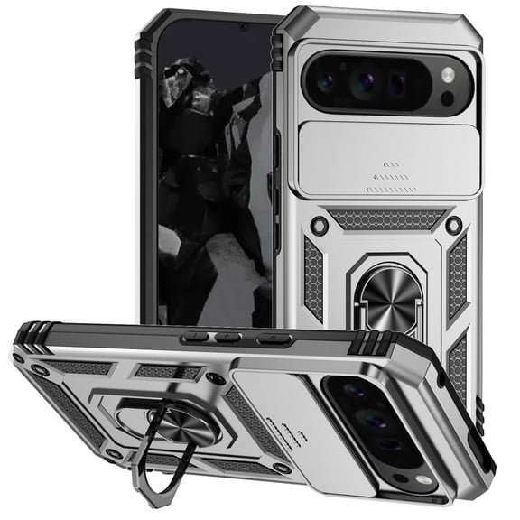 for Google Pixel 9 Pro XL Rugged Phone Case with Sliding Camera Cover, Kickstand TPU Bumper Drop Proof Durable Military Grade Protective Case Cover for Google Pixel 9 Pro XL, Silver