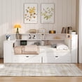 thumbnail image 2 of Wood Full Platform Bed w/ LED, Charging Station, Desk & Storage Shelves/Drawers - White/Beige Upholstered Headboard - Bedroom Furniture, 2 of 21