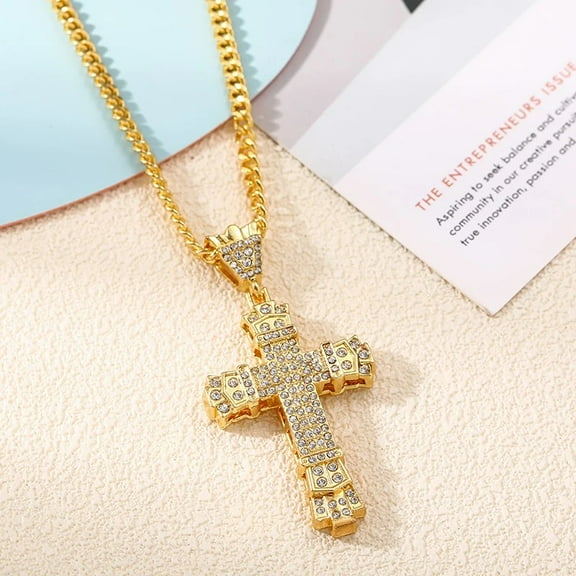 Hip Hop Cool Inlaid Zirconia Sparkling Cross Pendant 14K Yellow Gold Necklace for Men Women Universal Punk Party Favor Jewelry