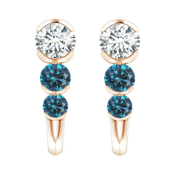 Three Stone 3 MM Round London Blue Topaz 925 Sterling Silver Rose Plated Dangle Earring