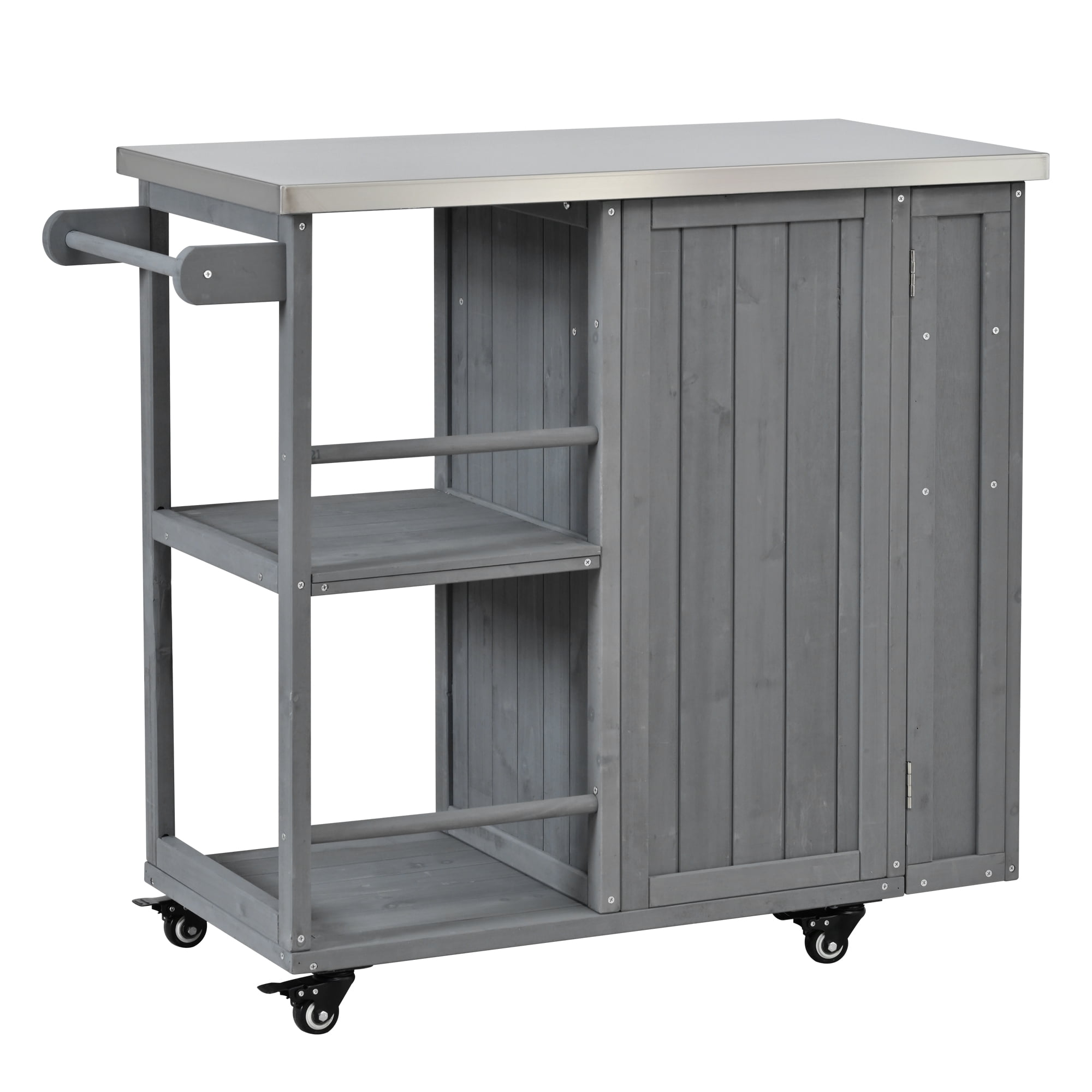 Outdoor Kitchen Island with Stainless Steel Top, Fir Wood Prep Station, Lockable Kitchen Cart with Storage Cabinet for Patio, BBQ, Grey