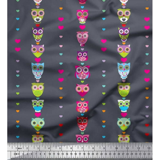 Soimoi Rayon Crepe Fabric Heart & Owl Kids Print Fabric by Yard 46 Inch Wide