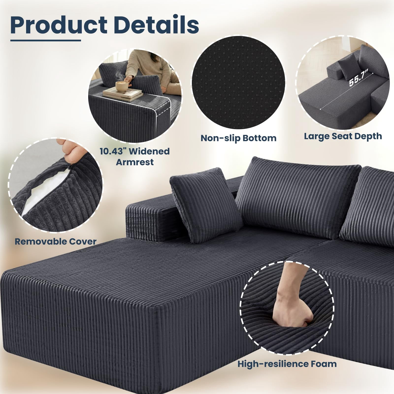 Aukfa 107" Modular Sectional Sofa, Corduroy Upholstered Deep Seat Couch with Left Chaise, Convertible Sleeper, Dark Gray