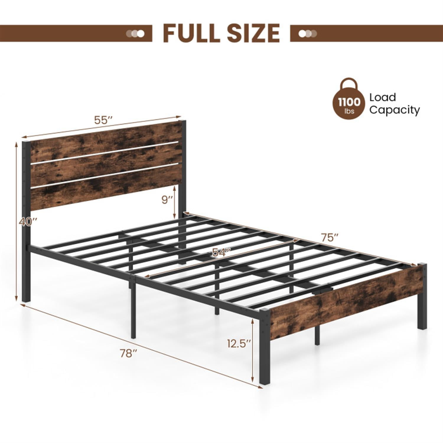 Demi Bonn Full Size Bed Frame with High Headboard and Mute Bar, Industrial Metal Platform Bed Frame with Under Bed Storage, No Box Spring Needed, Brown