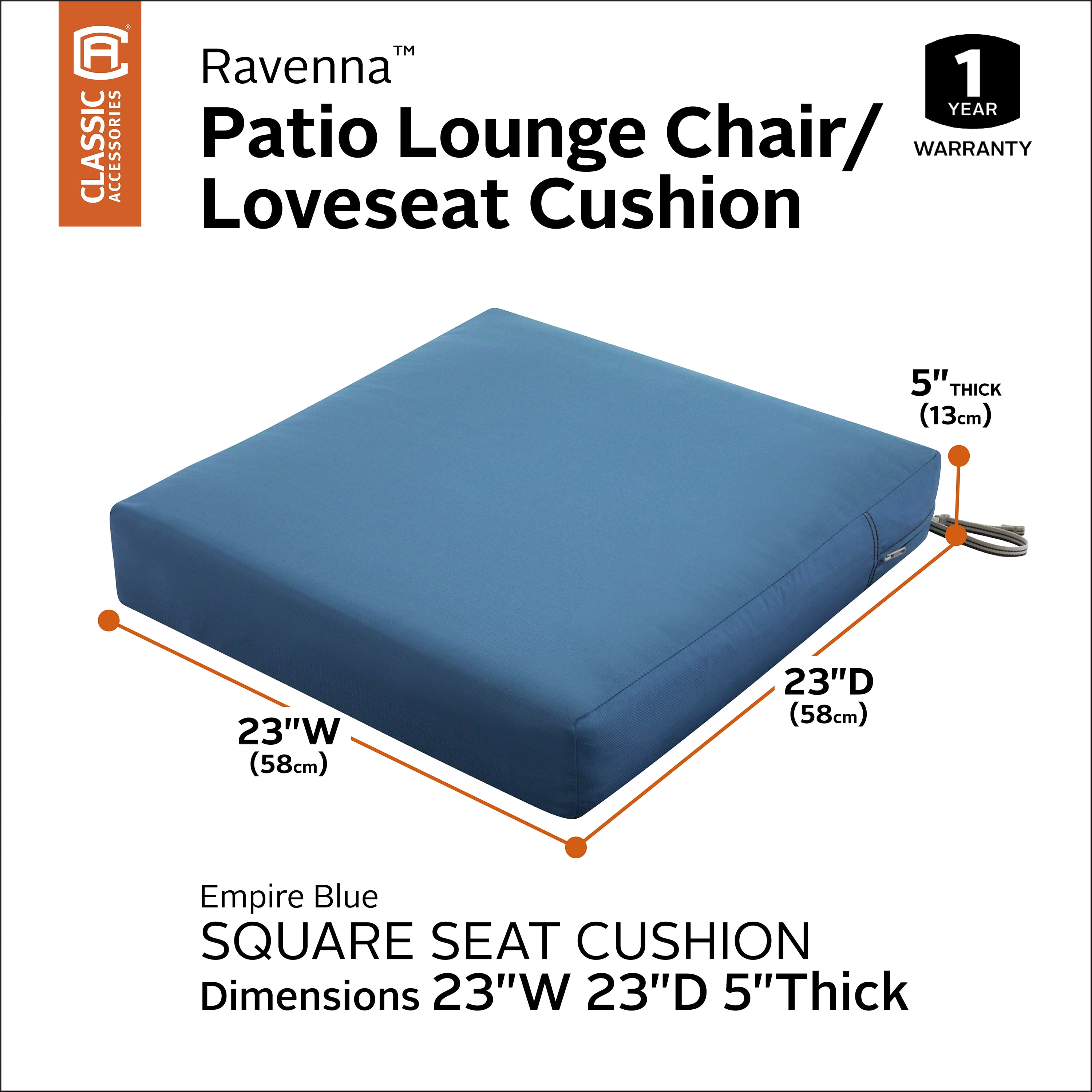 Classic Accessories Ravenna Water-Resistant Patio Lounge Chair/Loveseat Cushion, 23 x 23 x 5 Inch, Empire Blue