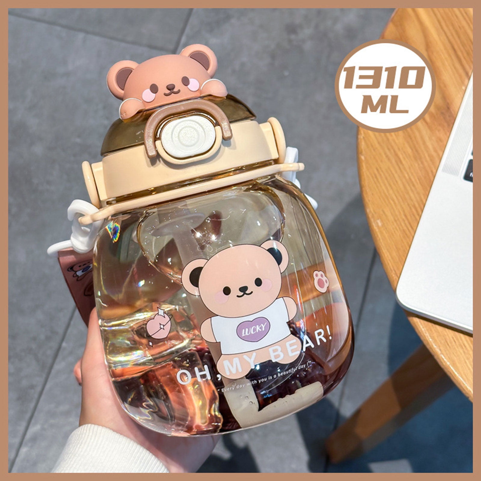 JQWSVE Kawaii Bear Straw Bottle Kawaii Water Bottles Cute Water Bottle with  Stickers Leak-Proof Kawaii Bear Water Bottle for Office Travel 47oz-coffee