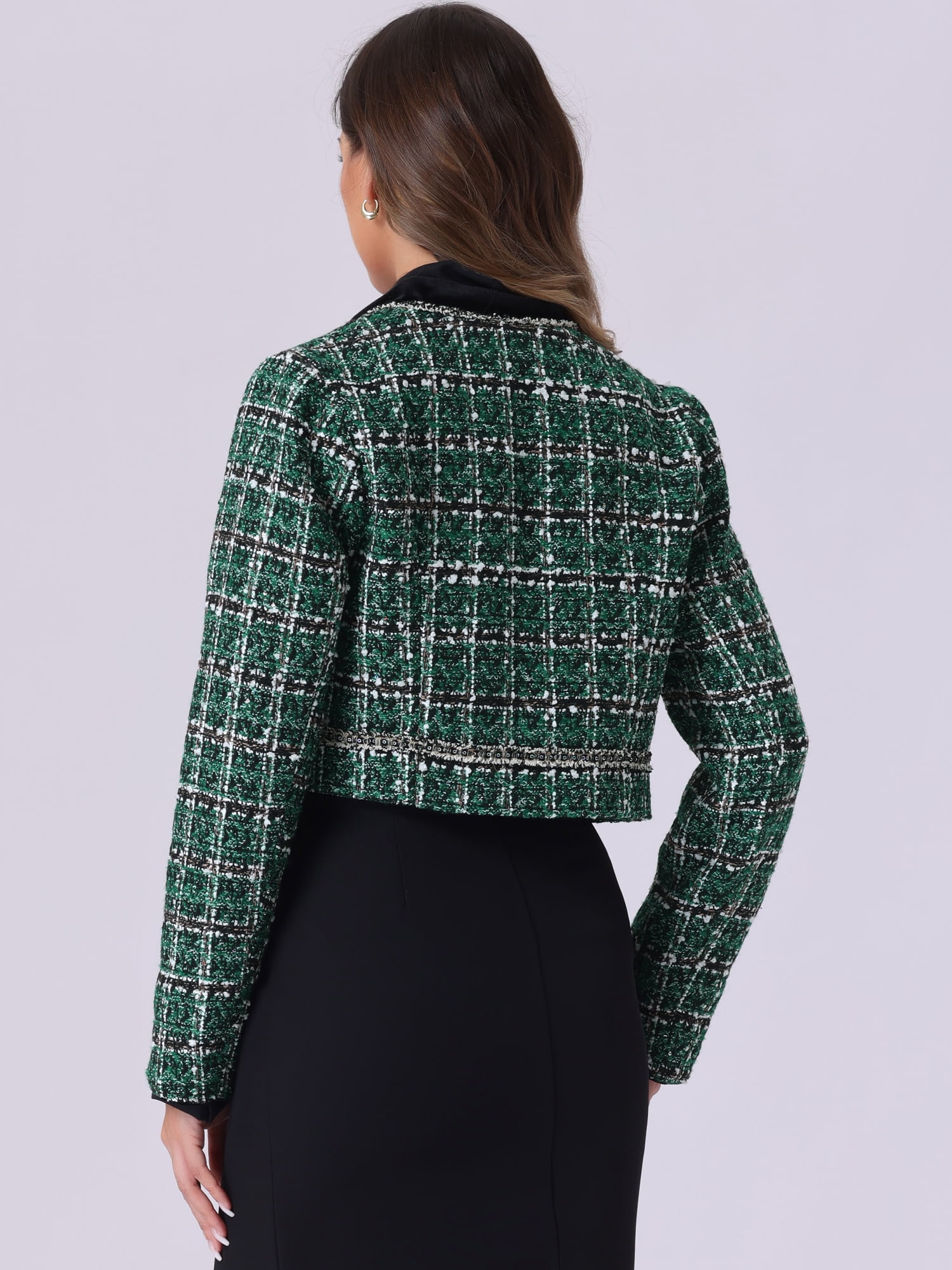 DARING DIVA Women's Double Breasted Plaid Tweed Cropped Jacket XL Green