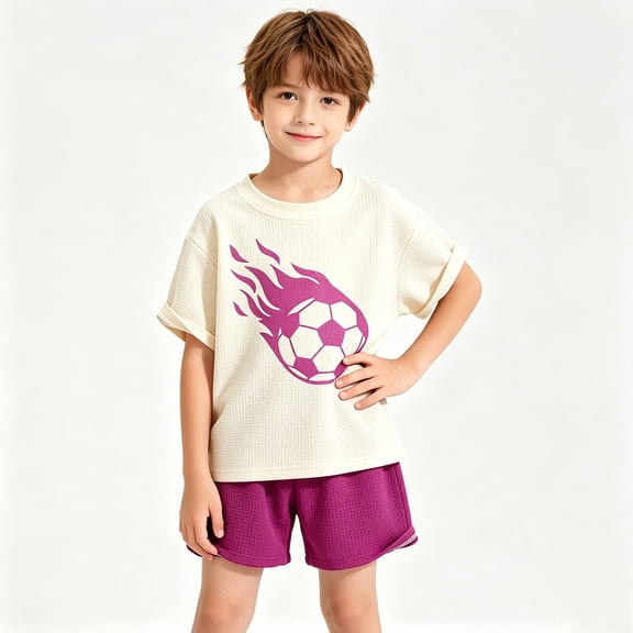 SGFCWSX Boys 2 Piece Outfits Summer Waffle Knit Short Sleeve Graphic T Shirt Elastic Waist Shorts Athletic Set for Kids Red Size 12M