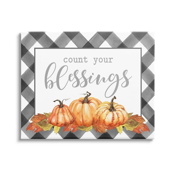 Count Your Blessings Autumn Sentiment Tartan Pumpkin Pattern Botanical & Floral Graphic Art Gallery-Wrapped Canvas Print Wall Art