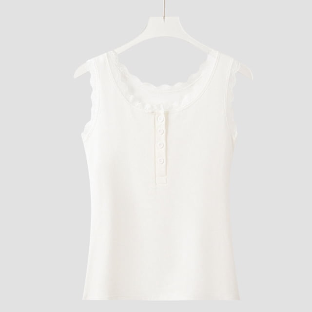 Uootdi Women's Ribbed Tanks Scoop Neck Sleeveless Lace Edge Button Closure Tops Cute Lightweight Fitted Tank Tops Gift