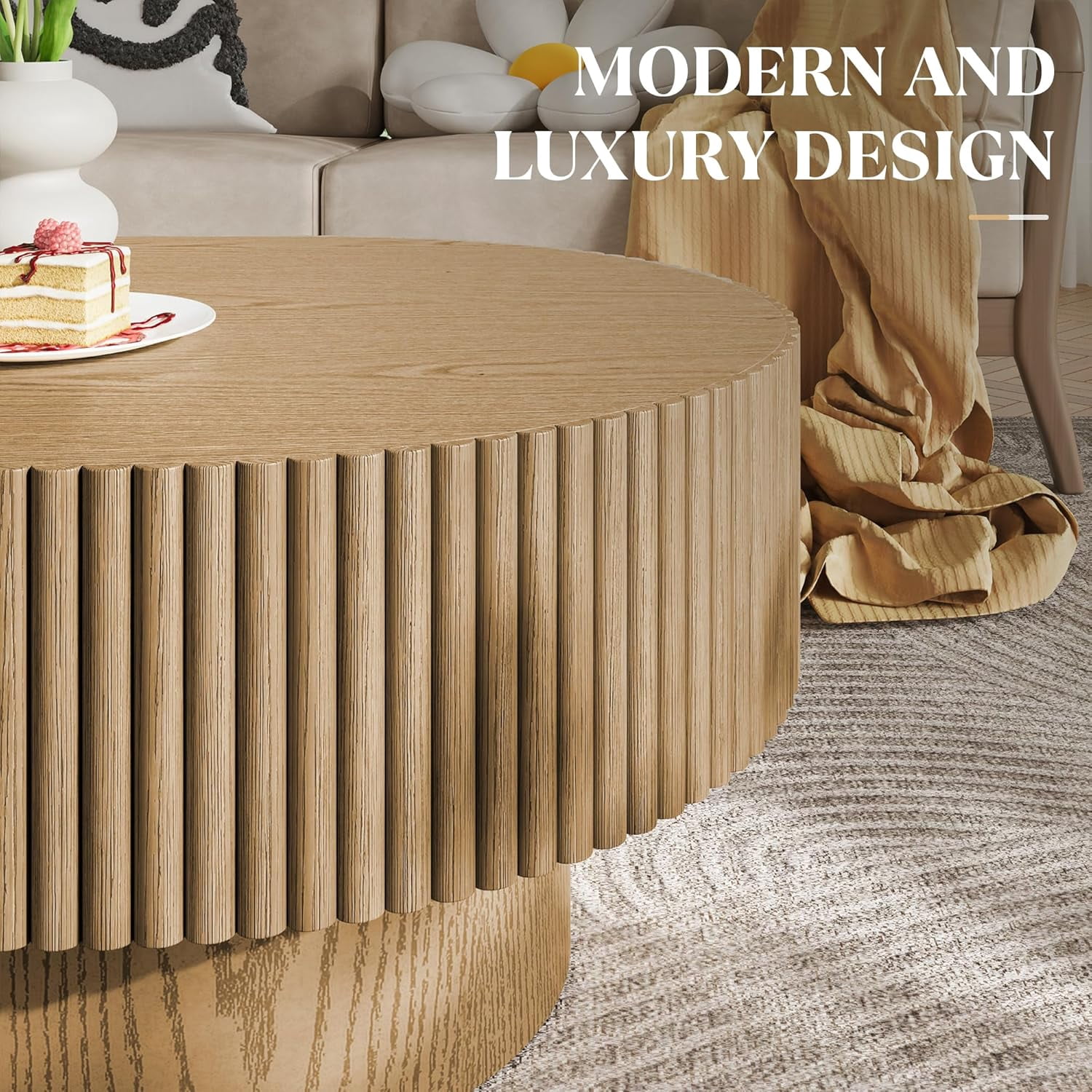 Gelloan 43.7" Oval Coffee Table, Modern Wood Fluted Coffee Table for Living Room, Relief Center Table with Sturdy Pedestal,Natural