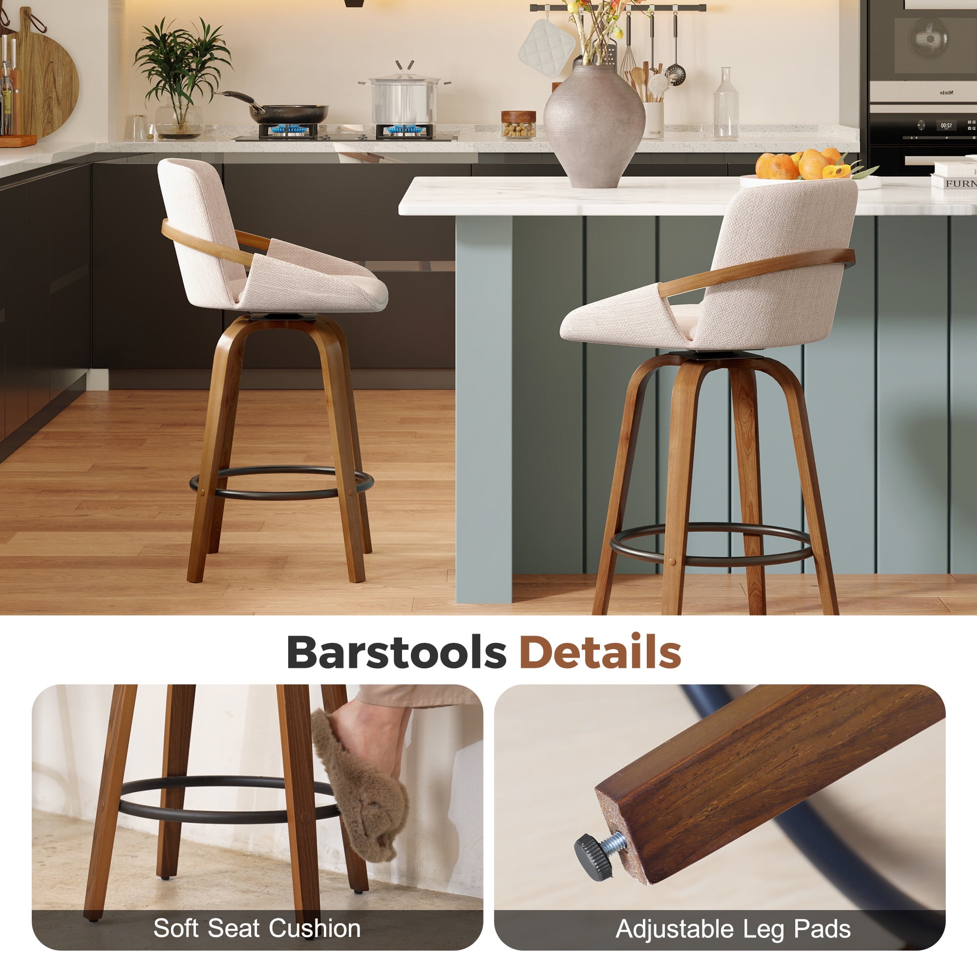 JULY'S SONG 26" Swivel Counter Height Bar Stools with Back Sets of 4, Mid Century Barstools with Wooden Legs, Beige