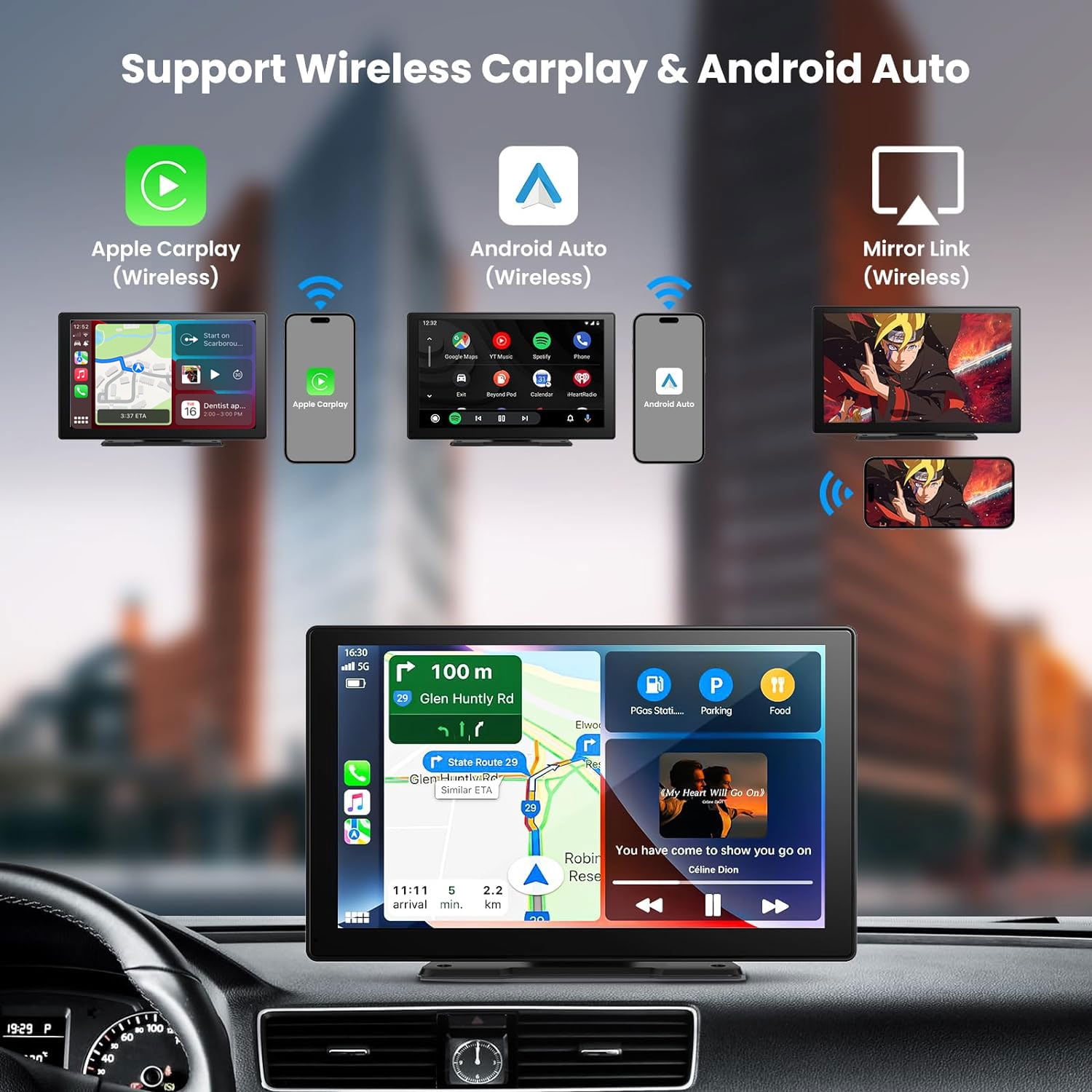 Schermo Auto Wireless CarPlay E Android Auto 9 Pollici - Con Dash Cam 4K E Telecamera Posteriore 1080p, Mirror Link, Comandi Vocali E Bluetooth