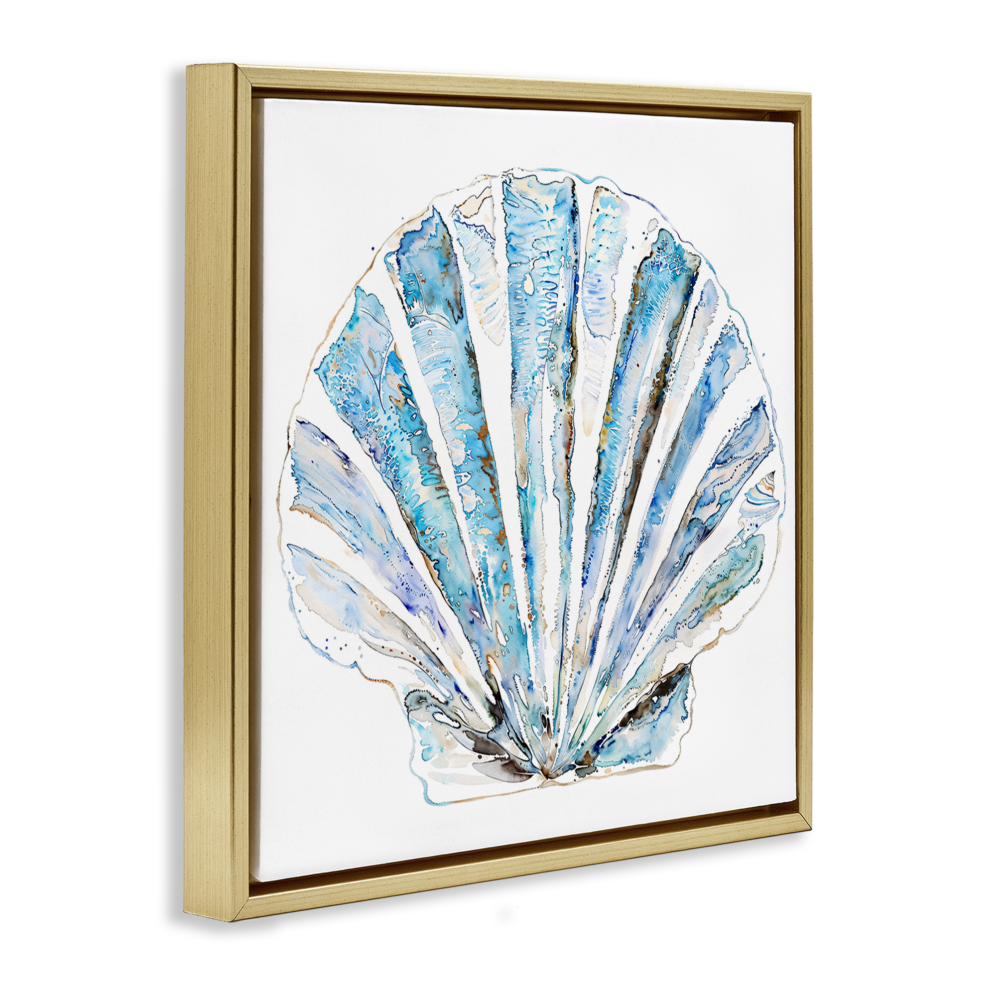 Stupell Industries Blue Clam Shell Coastal Painting Gold Floater Framed Canvas Art Print Wall Art, 18 x 18