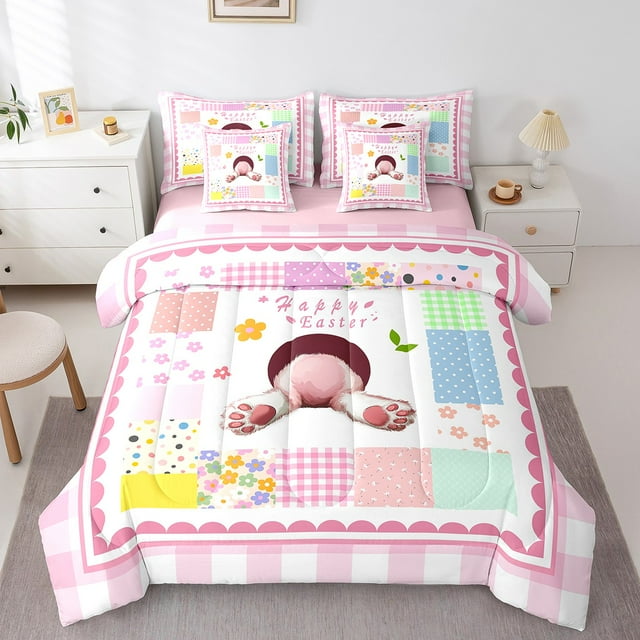 Erosebridal Literie Fleur Rustique Format Simple, Ensemble de Lit Lapins Mignons, Patchwork Rose Réversible Lit en Sac Format Simple, Décoration de Chambre Légère, 7 Pcs