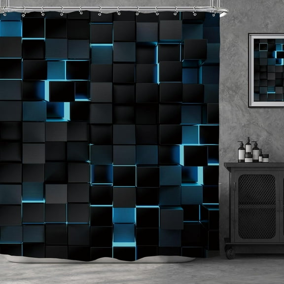 Blue Black Shower Curtain 72Wx72H Inch Navy Brick Modern 3D Gradient Designer Futuristic Cubes Geometric Plaid Mens Cool Bathroom Decor Fabric Polyester Waterproof 12 Pack Hooks