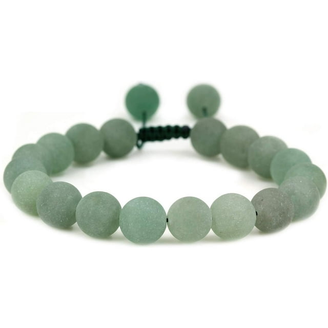 Angelstones Perles Rondes en Aventurine Verte Mate 10mm Tressée Ajustable Macramé Pompons Bracelet Chakra Reiki 7-9 Pouces Unisexe