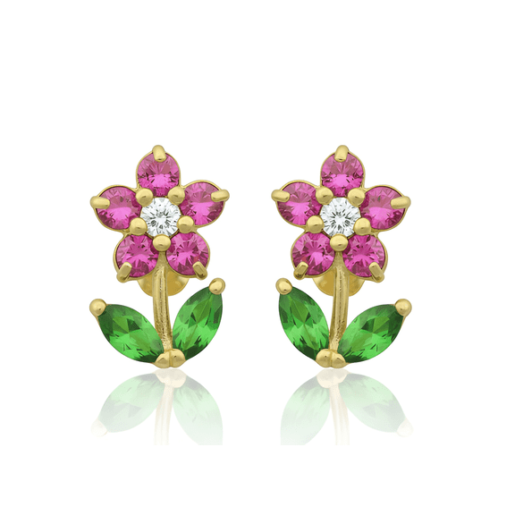Vinali 14K Yellow Gold Dainty Womens Red & Green Cz Daisy Flower Stud Earrings, 0.39in