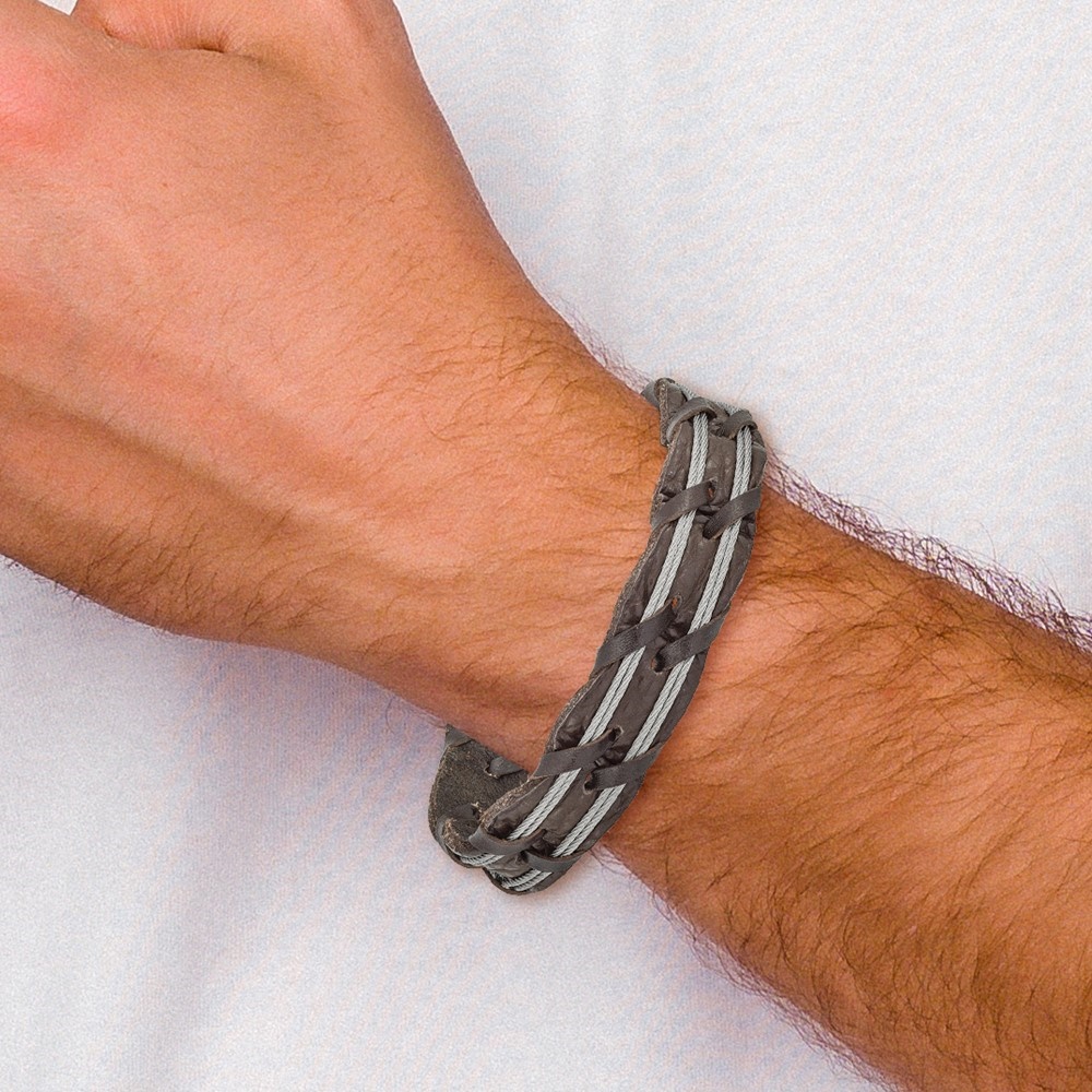 Diamond2Deal Stainless Steel Polished Cable and Brown Leather Bracelet for Men 8.5"