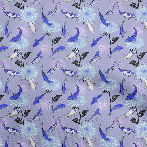 oneOoneCottonPoplinGrayishPurpleFabricAsianJapaneseKoiFishWithFloralSewingFabricByTheYardPrintedDiyClothingSewingSupplies42InchWide