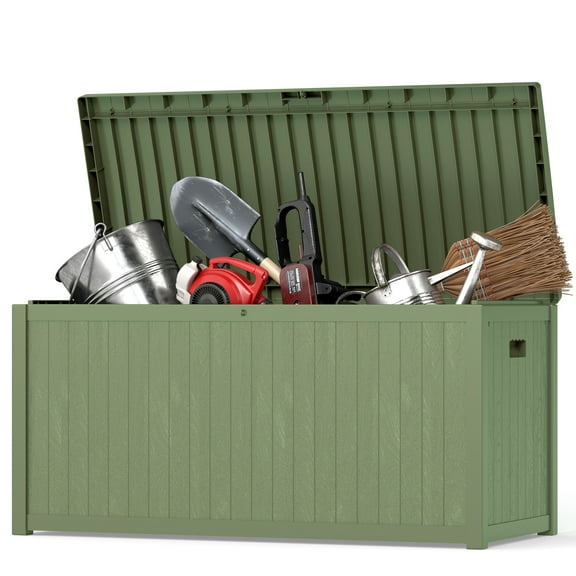 ZYJOYY Outdoor Storage Box, 120 Gallon Deck Box, Waterproof Resin Storage Bin for Patio Cushions, Gardening Tools, Lockable, UV Resistant, olive green