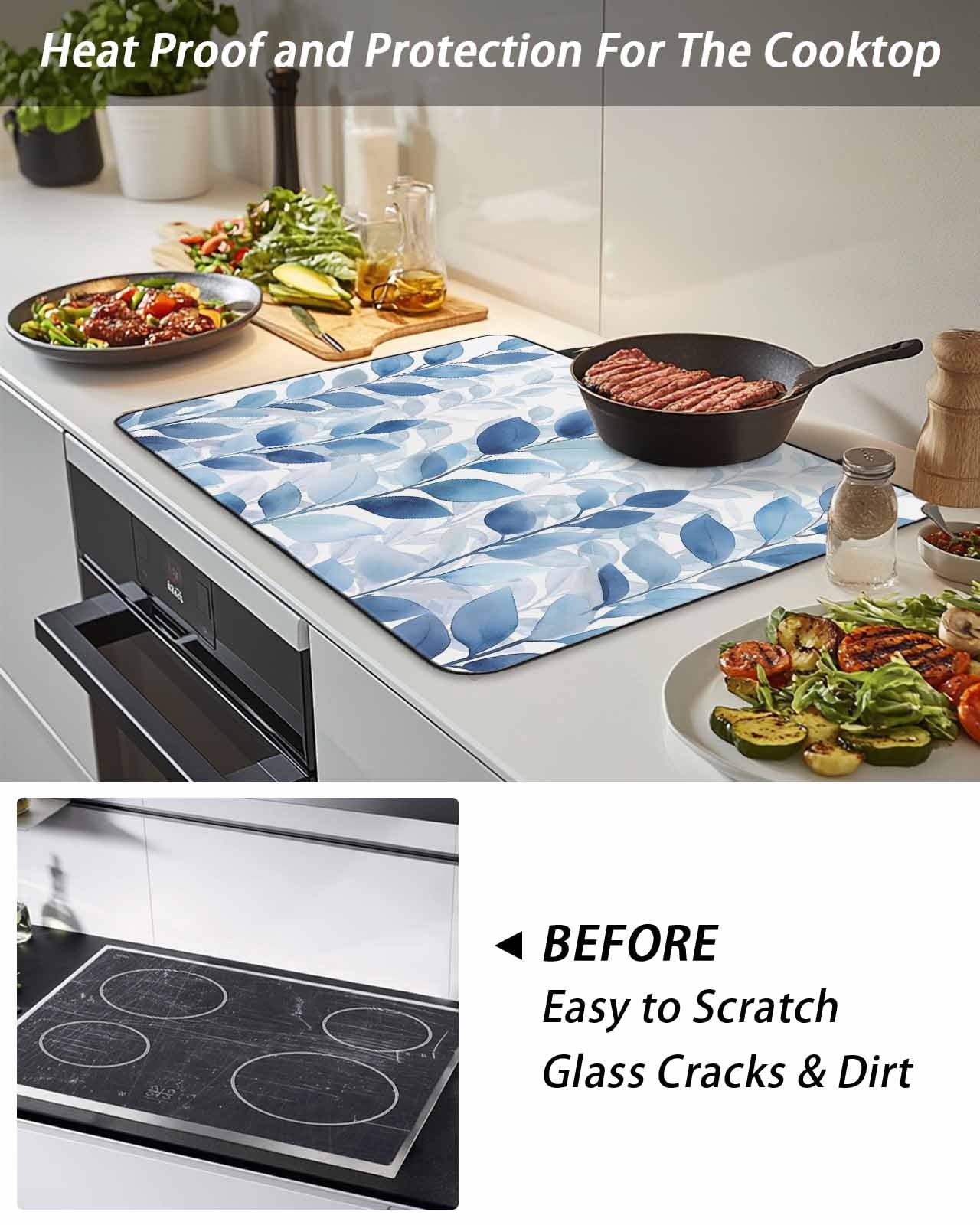 Stove Top Covers for Electric Stove, Blue Leaf Glass Stovetop Cover Protector, Watercolor Country Plant Monochrome Branch Induction Cooktop Protector Oven Mat for Kitchen Countertop 24"x21"