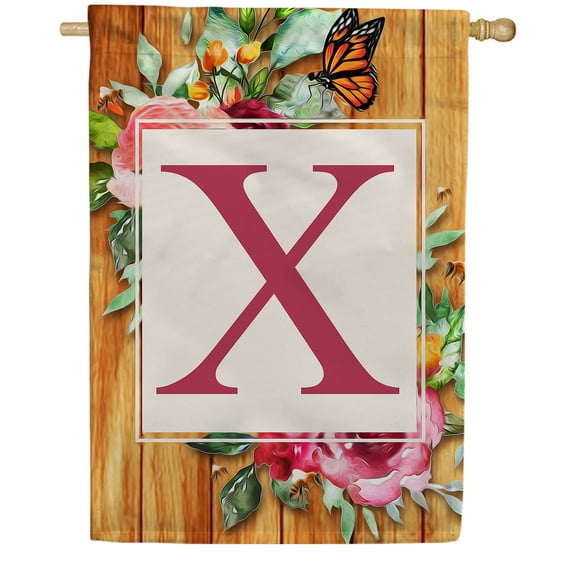 America Forever Spring Monogram House Flag Letter X 28 x 40 inches Double Sided Vertical Outdoor, Yard, Lawn, Seasonal Decorative Flowers Bees and Butterflies Summer House Flag