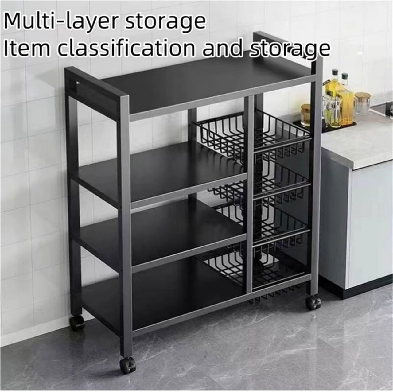 Multifunctional Rolling Kitchen Serving Cart, Metal Storage Rack with Adjustable Mesh Baskets, Kitchen Storage Rack, Fruit Basket Kitchen Cart for Kitchen