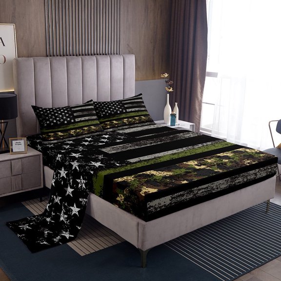 Erosebridal Army Green Camo Twin Sheet Sets, Vintage US Flag Bedding Twin Size, Army Camouflage Decor
